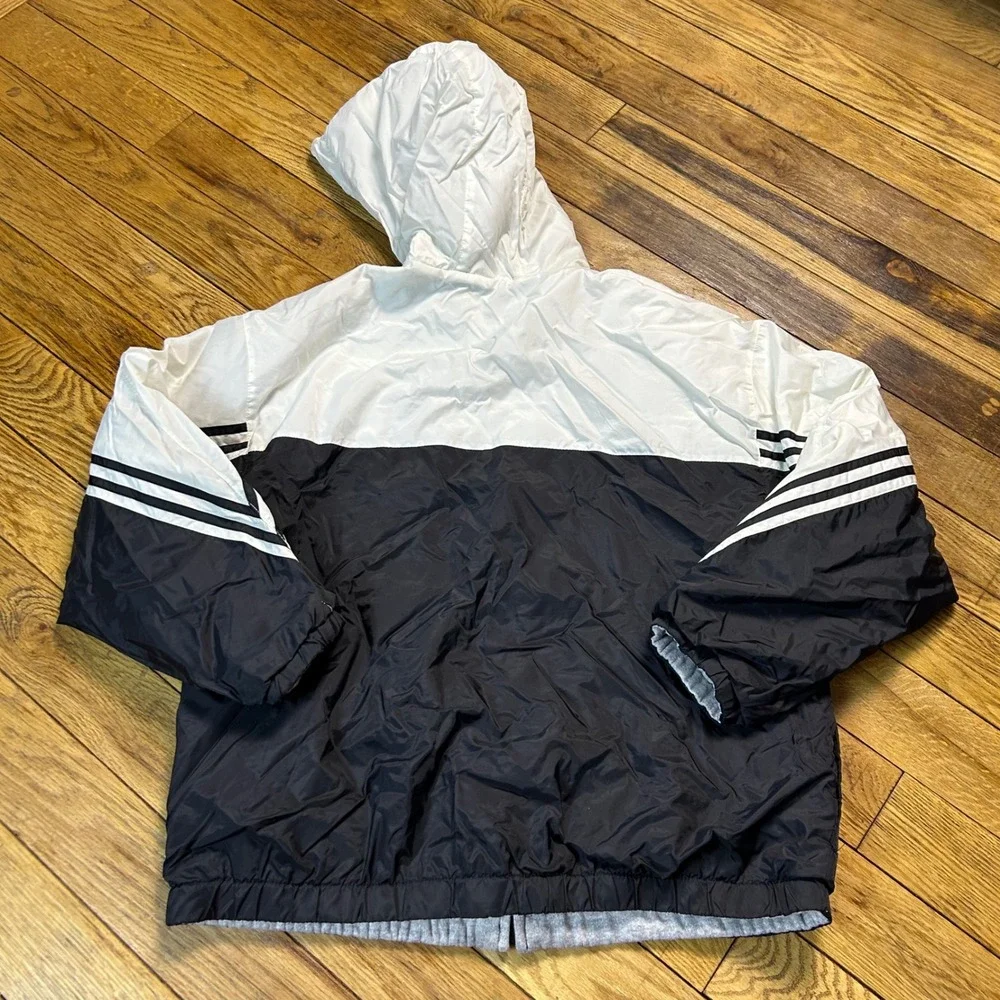 Vintage Reversible Hooded Jacket Black‎ White Gray Striped Zip Up Outerwear
